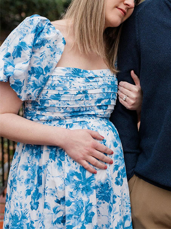 Momyknows Floral Print U-Neck Cascading Ruffle Elegant Baby Shower Ma Momyknows Floral Print U-Neck Cascading Ruffle Elegant Baby Shower Ma