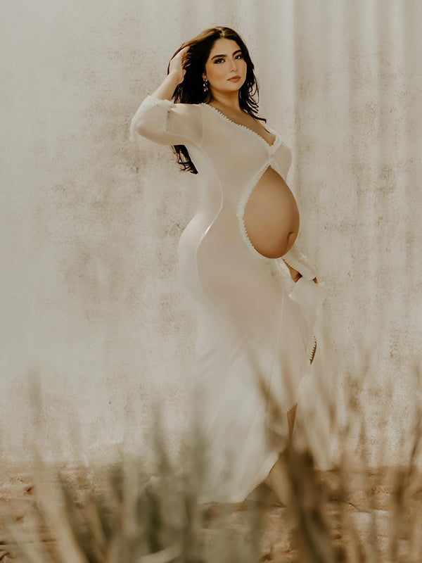 Momyknows White Ruffle Cut Out Crop Irregular Split Sheer Vacation Dress Bodycon Photoshoot Maternity Maxi Dress White / L Momyknows White Ruffle Cut Out Crop Irregular Split Sheer Vacation Dress Bodycon Photoshoot Maternity Maxi Dress White / L
