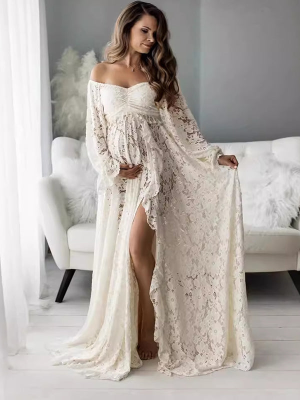 Momyknows Boho Lace Off Shoulder Lace Tassel Crop 2-in-1 Side Slit Ruffle Photoshoot Maternity Maxi Dress Apricot / L Momyknows Boho Lace Off Shoulder Lace Tassel Crop 2-in-1 Side Slit Ruffle Photoshoot Maternity Maxi Dress Apricot / L