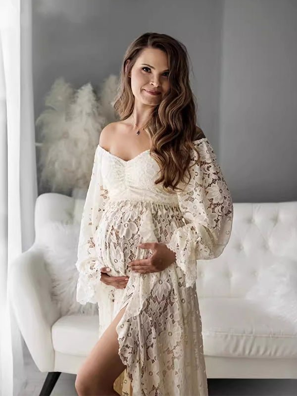 Momyknows Boho Lace Off Shoulder Lace Tassel Crop 2-in-1 Side Slit Ruffle Photoshoot Maternity Maxi Dress, Apricot / S