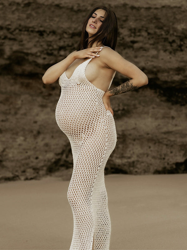 Momyknows White Spaghetti Strap Backless Sheer Crochet V-Neck Vacation Cover-ups Gown Photoshoot Maternity Maxi Dress