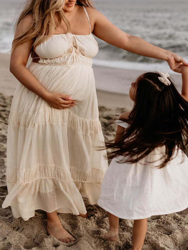 Momyknows Beige Ruffle Tie Backless Boho Flowy Elegant Photoshoot Baby Shower Maternity Maxi Dress