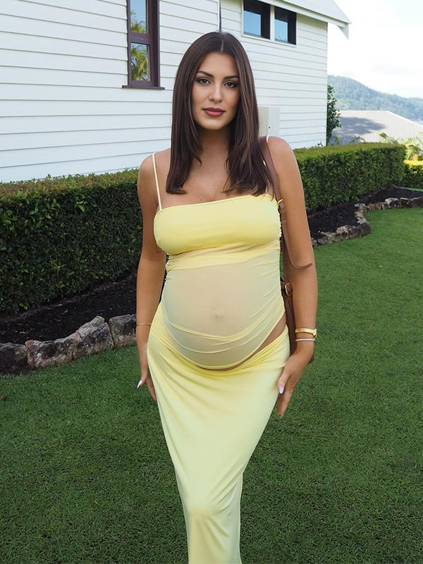 Momyknows Yellow 2-in-1 Sheer Mermaid Bodycon Fashion Vacation Party Photoshoot Baby Shower Maternity Maxi Dress