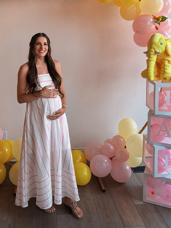 Momyknows Pink Striped Spaghetti Strap Flowy Cute Photoshoot Baby Shower Maternity Maxi Dress