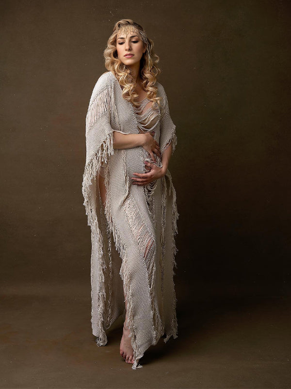 Momyknows Beige Cut Out Sheer Tassel Beach Elegant Fashion Photoshoot Maternity Maxi Dress