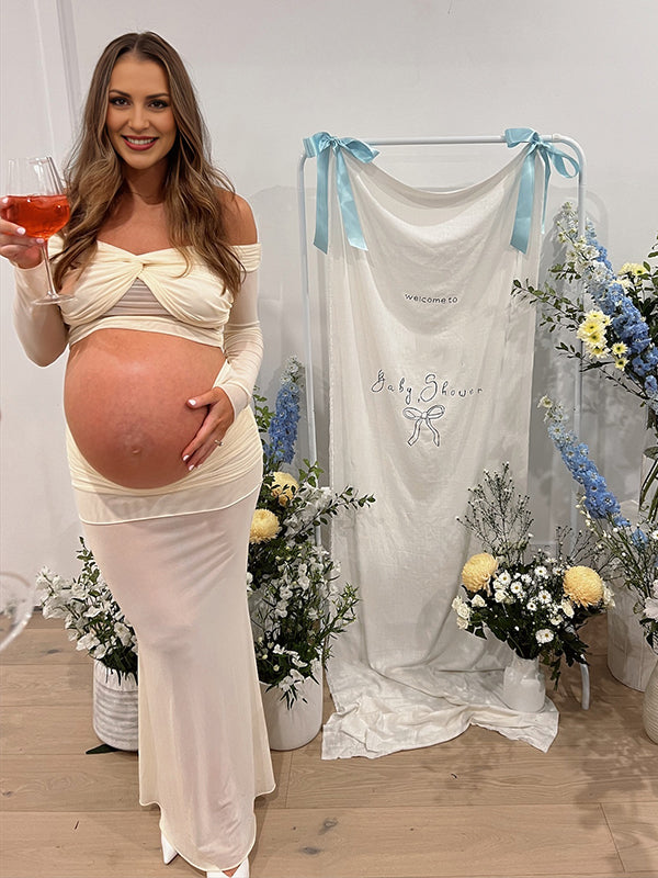 Momyknows Ivory White Mesh Sheer Two Piece Set Off Shoulder Cross Chest Crop Top And Ruched Maxi Skirt Chic Cocktail Party Maternity Photoshoot Baby Shower Maxi Dress