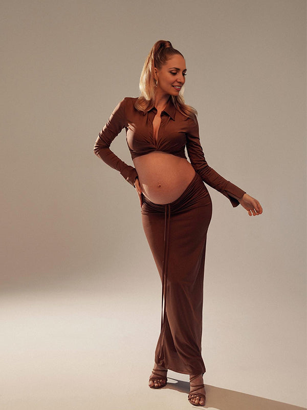 Momyknows Brown Ruched Drawstring Two Piece Set Polo Neck Cross Chest Crop Top And Bodycon Maxi Skirt Chic Going Out Maternity Photoshoot Baby Shower Maxi Dress