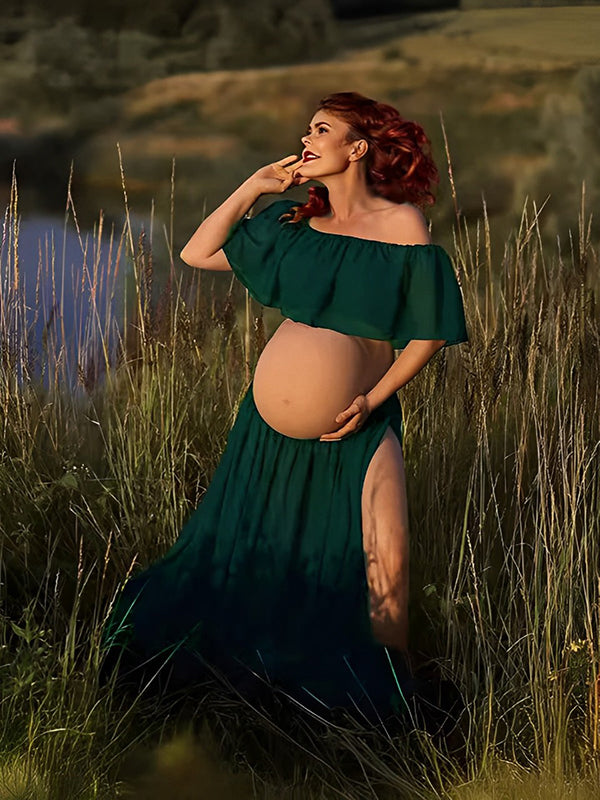 Momyknows Solid Color Off Shoulder Chiffon Crop Side Slit Ruffle Two Pieces High Waist Elegant Boho Gown Photoshoot Maternity Maxi Dress Navy Green / Momyknows Solid Color Off Shoulder Chiffon Crop Side Slit Ruffle Two Pieces High Waist Elegant Boho Gown Photoshoot Maternity Maxi Dress Navy Green /