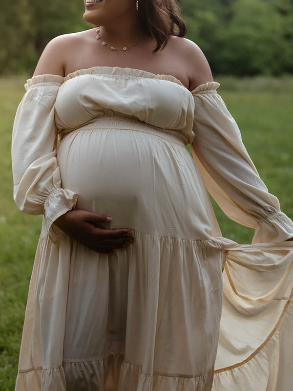 Momyknows Off Shoulder Ruffle Side Slit Big Swing Boho Maternity Photoshoot Maxi Dress