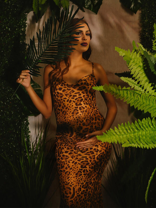 Momyknows Leopard Printing Spaghetti Strap Backless Bodycon Mermaid Cocktail Party Gown Photoshoot Maternity Maxi Dress