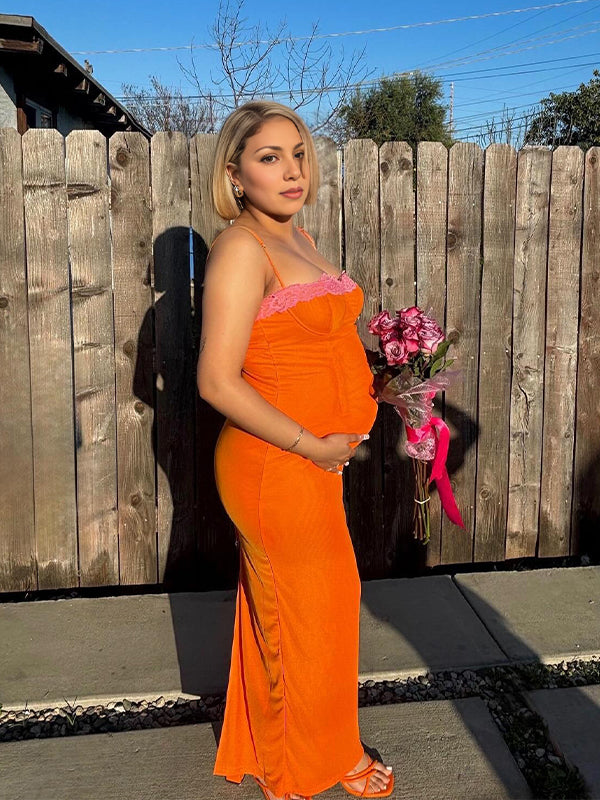 Momyknows Orange Lace Grenadine Mermaid Cami Bodycon Fashion Vacation Baby Shower Maternity Maxi Dress