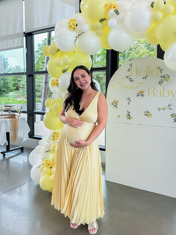 Momyknows Yellow Satin Pleated Cut Out V-neck Big Swing Elegant Cocktail Party Gown Maternity Photoshoot Baby Shower Maxi Dress