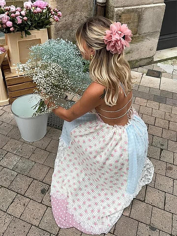 Momyknows Pink Lace Floral Backless Tie Ruffle Photoshoot Gender Reveal Baby Shower Maternity Maxi Dress