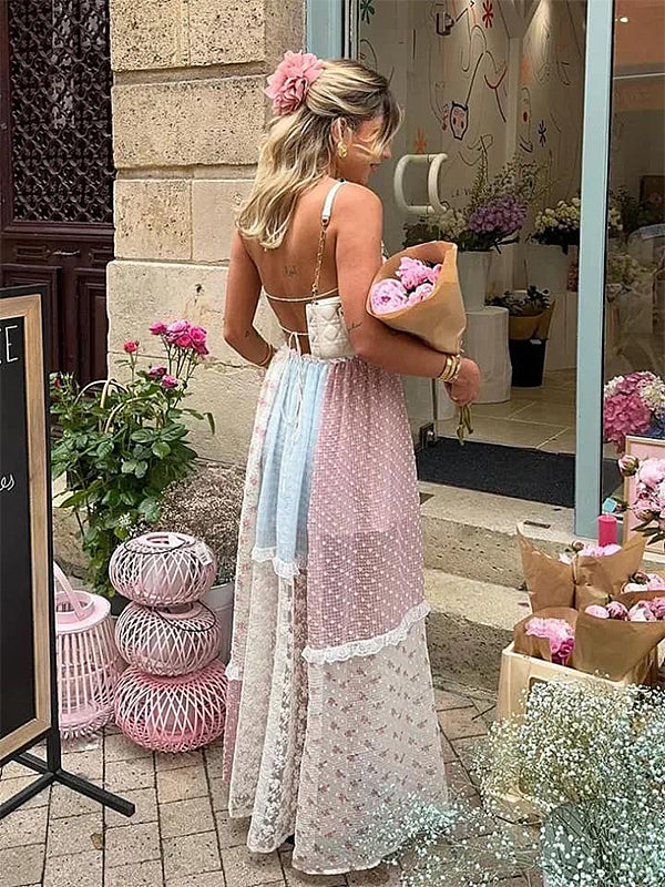 Momyknows Pink Lace Floral Backless Tie Ruffle Photoshoot Gender Reveal Baby Shower Maternity Maxi Dress