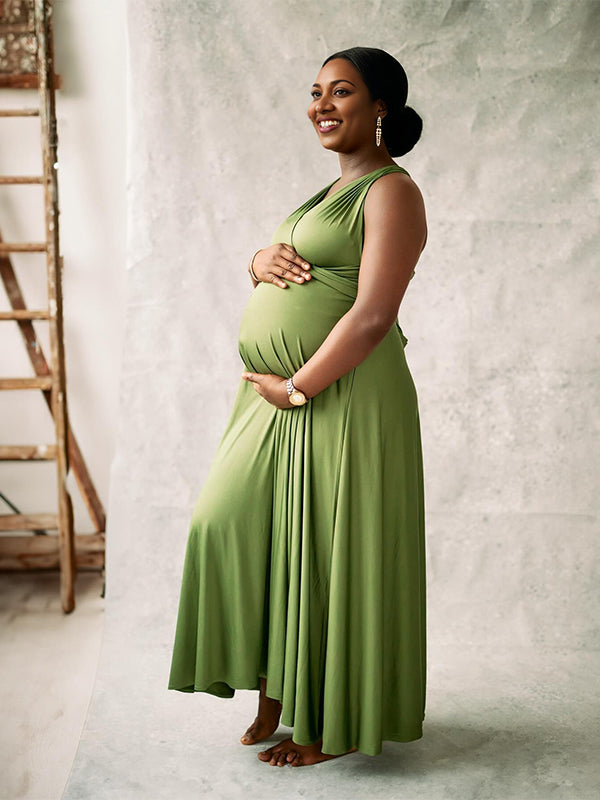 Momyknows Grass Green Adjusted Strap Tie Backless Flowy Vacation Photoshoot Baby Shower Maternity Maxi Dress