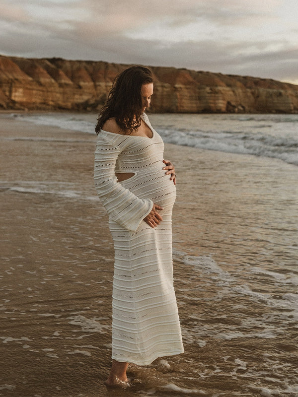 Momyknows White Side Cut Out Knit Flare Sleeve Beach Vacation Photoshoot Baby Shower Maternity Maxi Dress