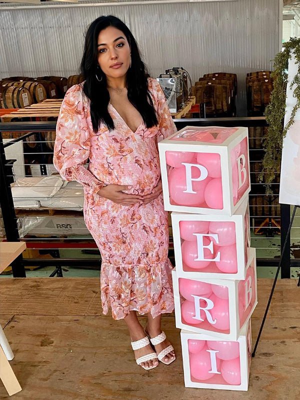 Momyknows Pink Floral Smocked Mermaid Deep V-neck Lantern Sleeve Elegant Cocktail Party Maternity Photoshoot Baby Shower Maxi Dress, Pink / S