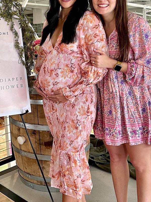 Momyknows Pink Floral Smocked Mermaid Deep V-neck Lantern Sleeve Elegant Cocktail Party Maternity Photoshoot Baby Shower Maxi Dress, Pink / S