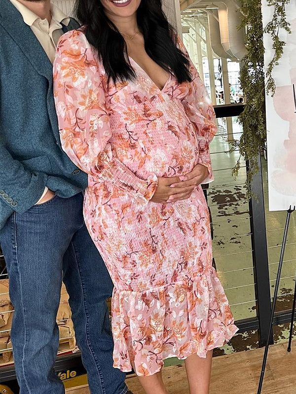 Momyknows Pink Floral Smocked Mermaid Deep V-neck Lantern Sleeve Elegant Cocktail Party Maternity Photoshoot Baby Shower Maxi Dress Momyknows Pink Floral Smocked Mermaid Deep V-neck Lantern Sleeve Elegant Cocktail Party Maternity Photoshoot Baby Shower Maxi Dress