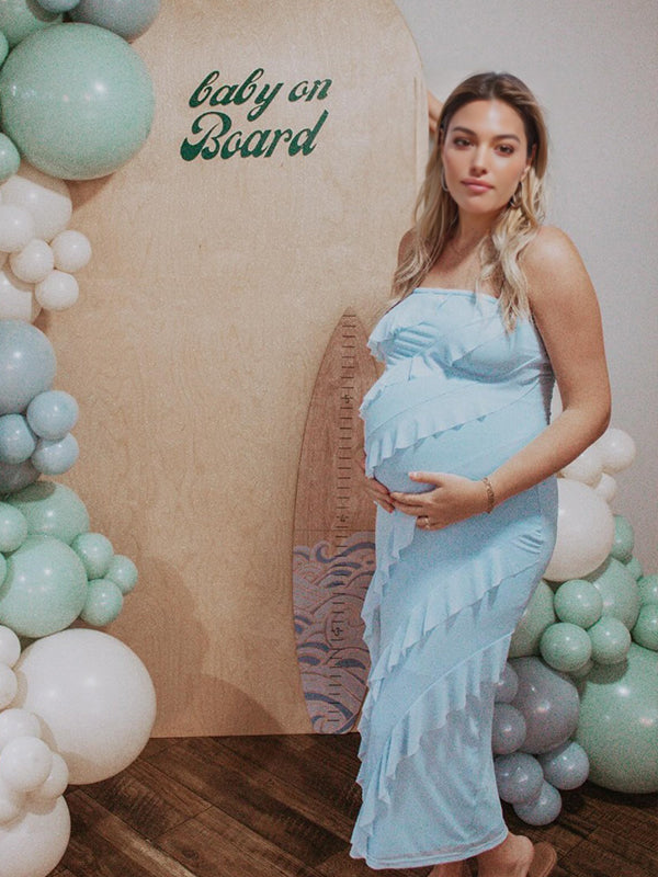 Momyknows Blue Bandeau Ruffle Falbala Back Slit Strapless Bodycon Elegant Cocktail Party Maternity Photoshoot Baby Shower Maxi Dress