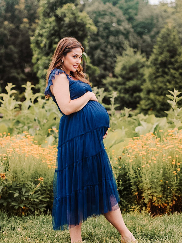 Momyknows Royal Blue Tulle Ruffle Falbala Smocked Big Swing Elegant Cocktail Party Maternity Photoshoot Baby Shower Maxi Dress