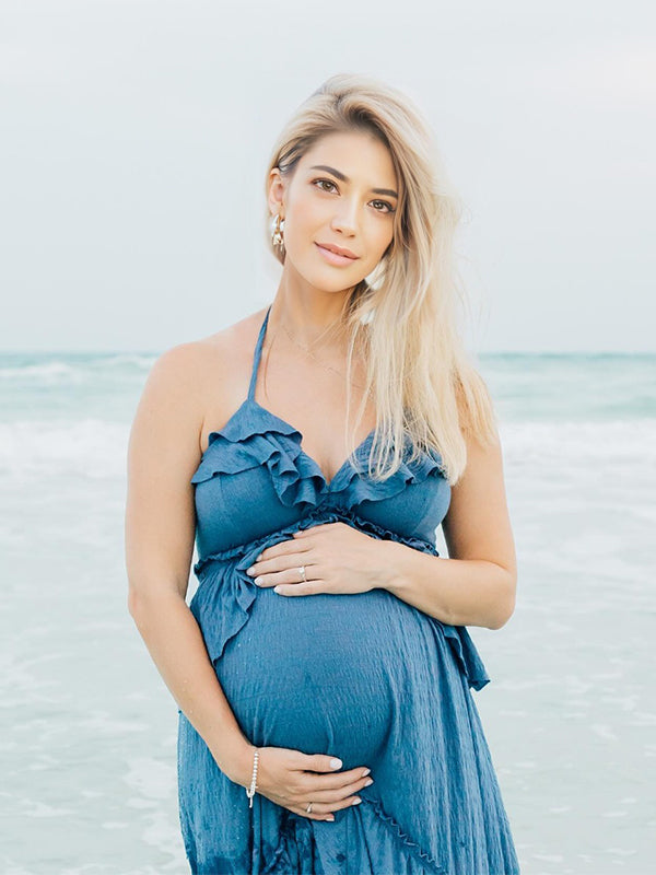 Momyknows Boho Solid Color Ruffle Halter Neck Backless Tie Back V-Neck Holiday Gowns Photoshoot Maternity Maxi Dress Blue / L Momyknows Boho Solid Color Ruffle Halter Neck Backless Tie Back V-Neck Holiday Gowns Photoshoot Maternity Maxi Dress Blue / L