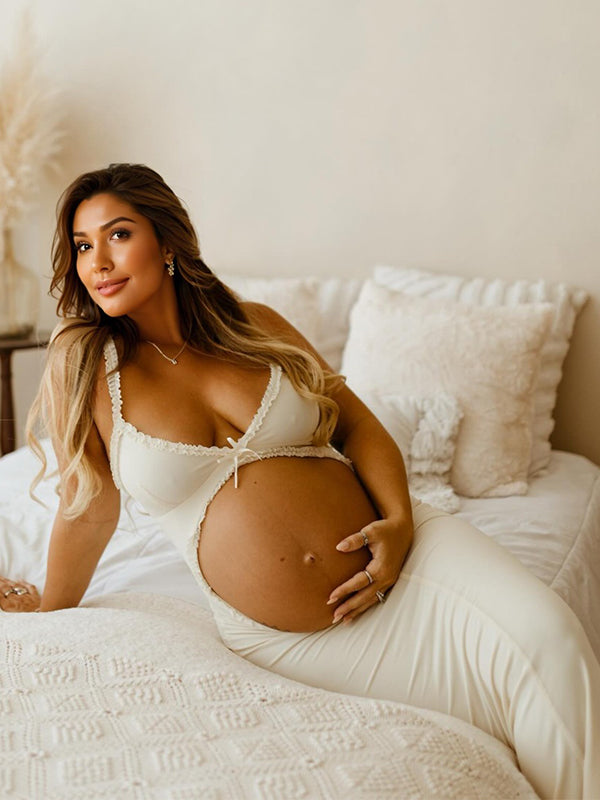 Momyknows White Spaghetti Strap Backless Ruffle Crop Bodycon Cocktail Party Gown Photoshoot Maternity Maxi Dress White / M Momyknows White Spaghetti Strap Backless Ruffle Crop Bodycon Cocktail Party Gown Photoshoot Maternity Maxi Dress White / M
