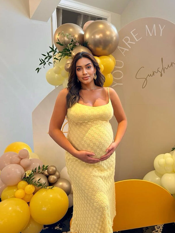 Momyknows Yellow Lace Floral Mesh Cami Bodycon Elegant Cocktail Party Going Out Daily Maternity Photoshoot Baby Shower Maxi Dress