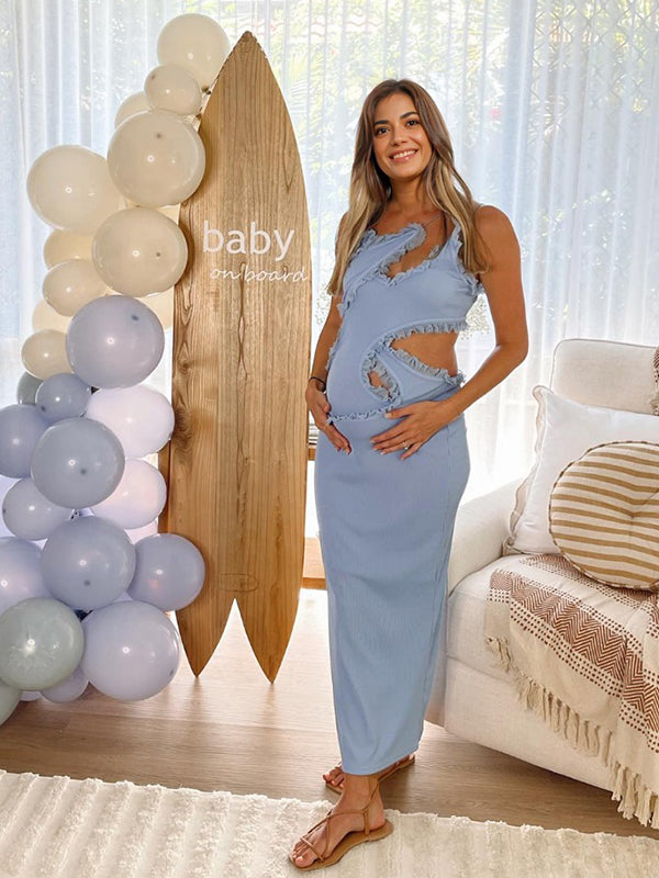 Momyknows Blue Irregular Hollow-out Backless Ruffle-trim Ribbed-knit Cami Bodycon Elegant Cocktail Party Maternity Photoshoot Baby Shower Maxi Dress