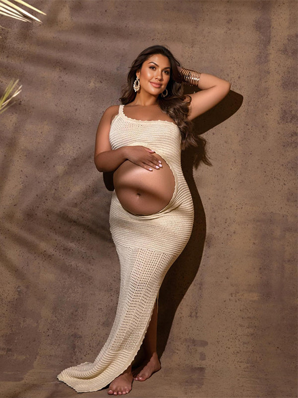 Momyknows Beige One Shoulder Cut Out Side Slit Knit Bodycon Elegant Photoshoot Baby Shower Maternity Maxi Dress