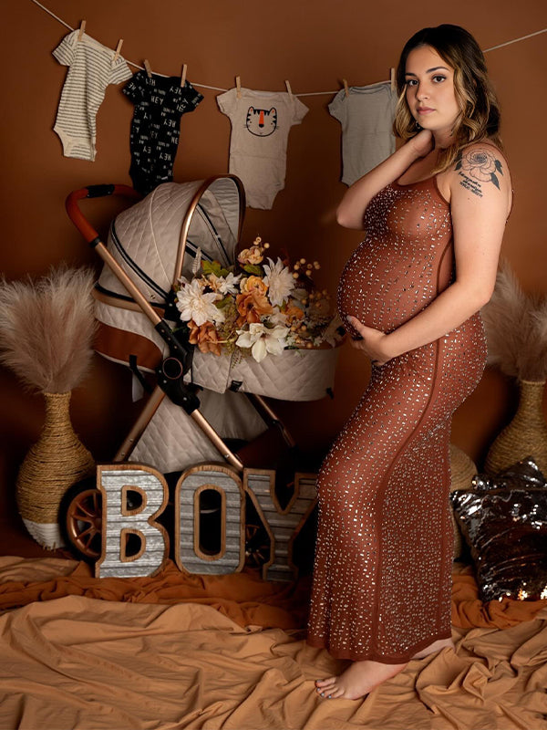 Momyknows Coffee Sheer Rhinestone Diamond Cami Bodycon Fashion Party Club Maternity Photoshoot Baby Shower Maternity Maxi Dress