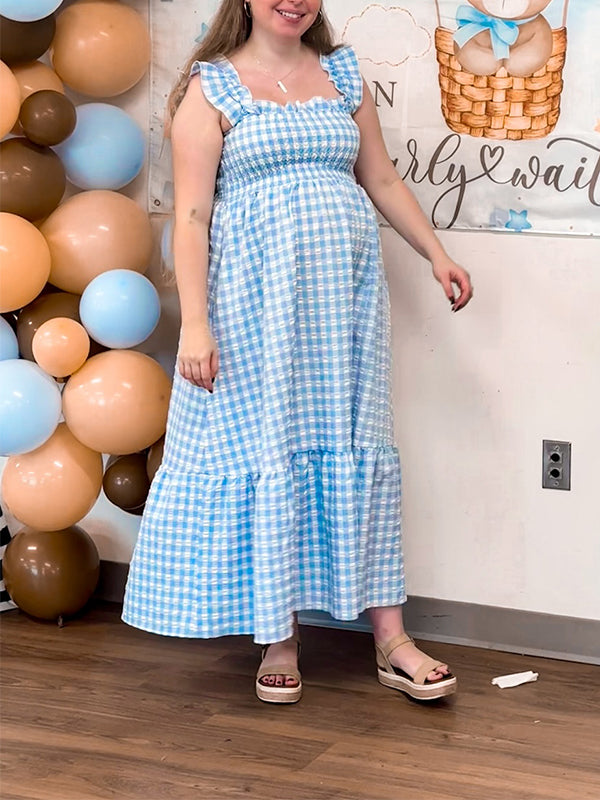 Momyknows Plaid Printing Ruffle Splicing Spaghetti Strap Backless Big Swing Ruched Vacation Gowns Cute Baby Shower Maternity Maxi Dress