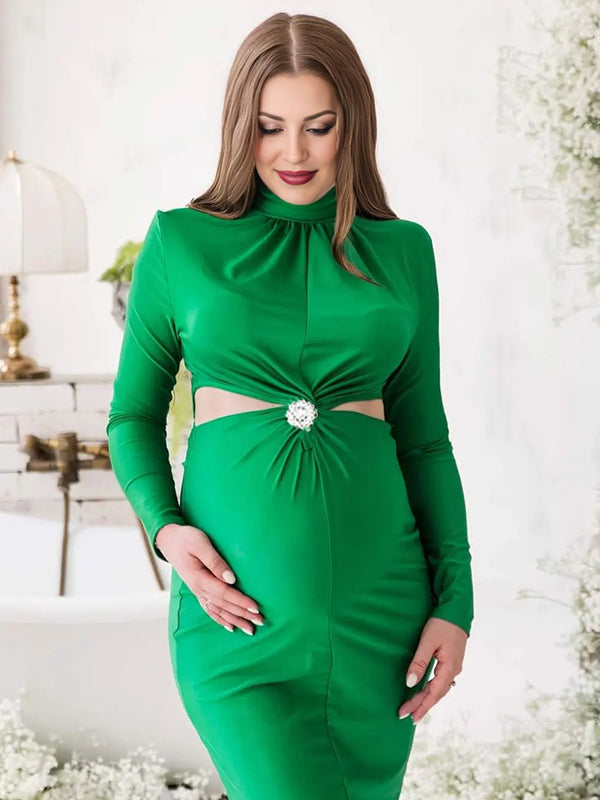 Momyknows Green Ruched Rhinestone Cut Out High Neck Long Sleeve Bodycon Elegant Cocktail Party Maternity Photoshoot Baby Shower Maxi Dress Green / M Momyknows Green Ruched Rhinestone Cut Out High Neck Long Sleeve Bodycon Elegant Cocktail Party Maternity Photoshoot Baby Shower Maxi Dress Green / M