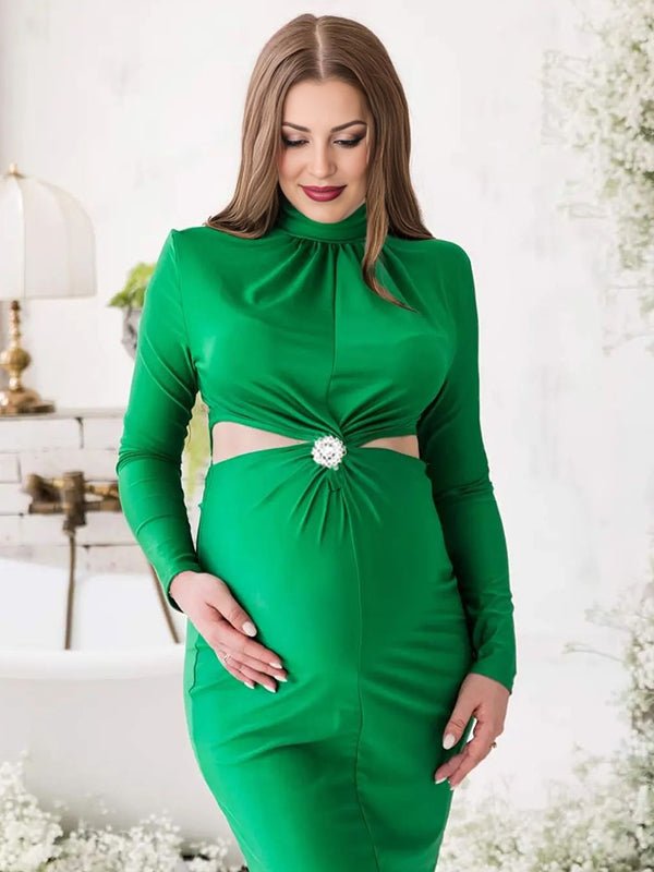 Momyknows Green Ruched Rhinestone Cut Out High Neck Long Sleeve Bodycon Elegant Cocktail Party Maternity Photoshoot Baby Shower Maxi Dress