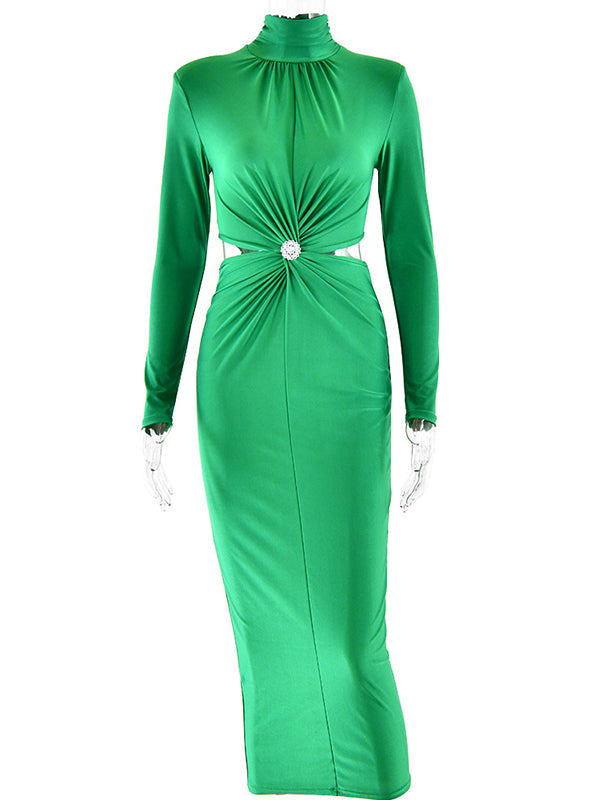 Momyknows Green Ruched Rhinestone Cut Out High Neck Long Sleeve Bodycon Elegant Cocktail Party Maternity Photoshoot Baby Shower Maxi Dress Green / M Momyknows Green Ruched Rhinestone Cut Out High Neck Long Sleeve Bodycon Elegant Cocktail Party Maternity Photoshoot Baby Shower Maxi Dress Green / M