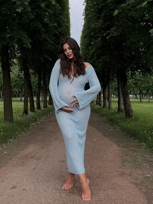 Momyknows Blue Crochet Hollow Out Backless Deep V-neck Flare Sleeve Elegant Baby Moon Beach Cover Up Photoshoot Baby Shower Maxi Dress