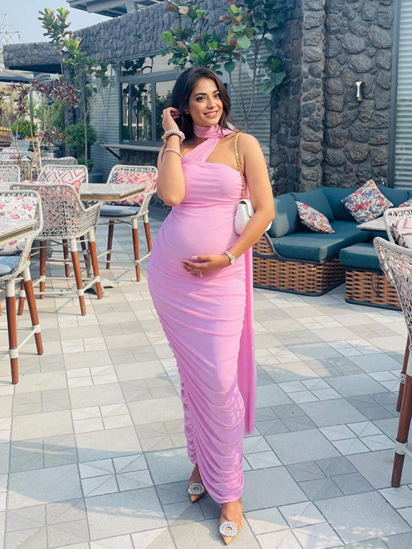 Momyknows Pink Mesh Ruched Bandeau Draped One Shoulder Bodycon Elegant Cocktail Party Gown Maternity Photoshoot Baby Shower Maxi Dress