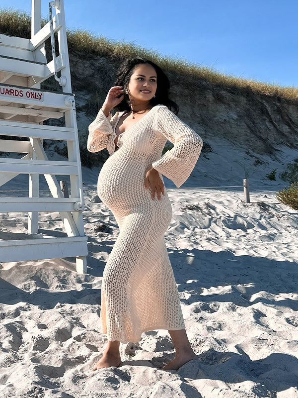 Momyknows Beige Cut Out Knit V-neck Flare Sleeve Backless Elegant Photoshoot Baby Shower Maternity Maxi Dress Momyknows Beige Cut Out Knit V-neck Flare Sleeve Backless Elegant Photoshoot Baby Shower Maternity Maxi Dress