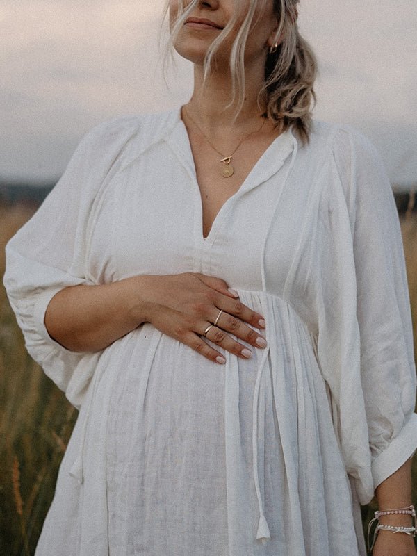 Momyknows White Front Tie Up Deep V-neck Lantern Sleeve Loose Sundress Elegant Vacation Baby Moon Flowy Boho Maternity Photoshoot Baby Shower Maxi Dress
