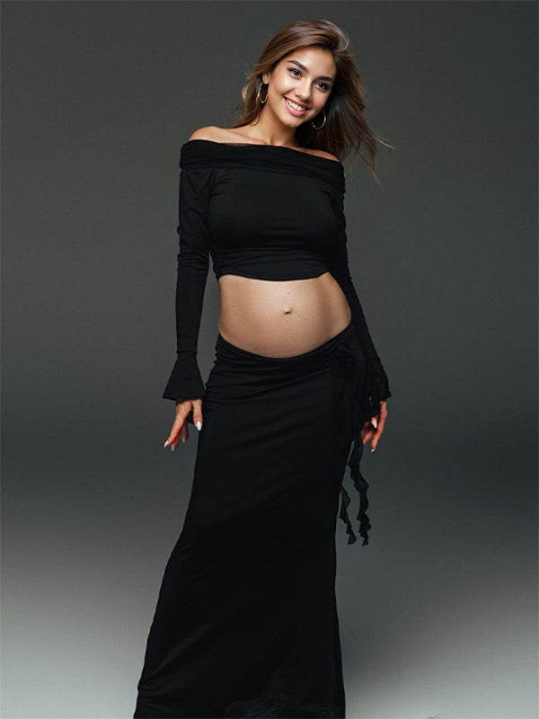 Momyknows Black 3D Flower 2-in-1 Off Shoulder Flare Sleeve Bodycon Elegant Photoshoot Maternity Maxi Dress