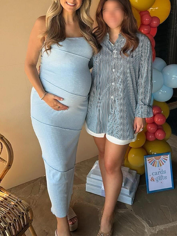 Momyknows Blue Bandeau Lines Bodycon Cute Elegant Gender Reveal Baby Shower Maternity Maxi Dress