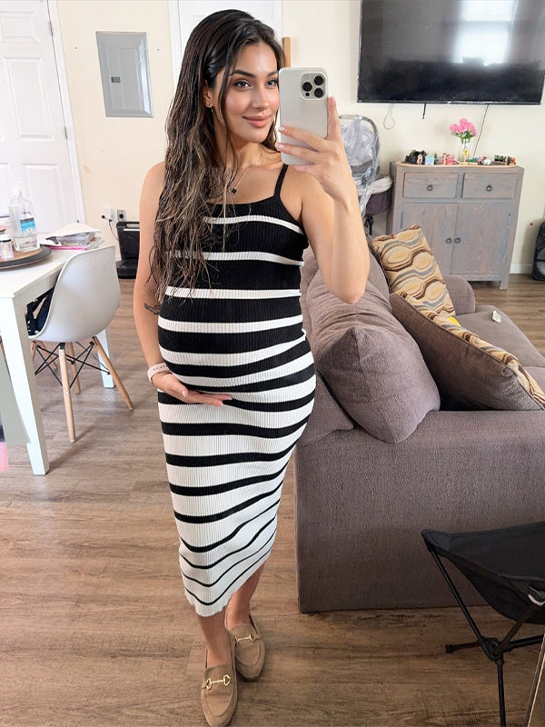 Momyknows Black Striped Knit Cami Bodycon Daily Casual Going Out Baby Shower Maternity Maxi Dress