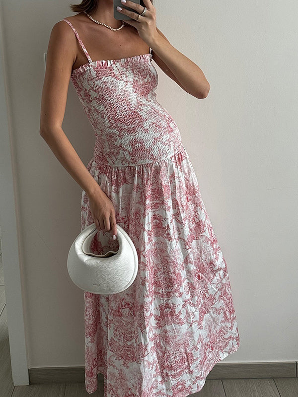 Momyknows Pink  Printed High Waist Tube Top Smocked  Floral  Maternity Maxi Dress