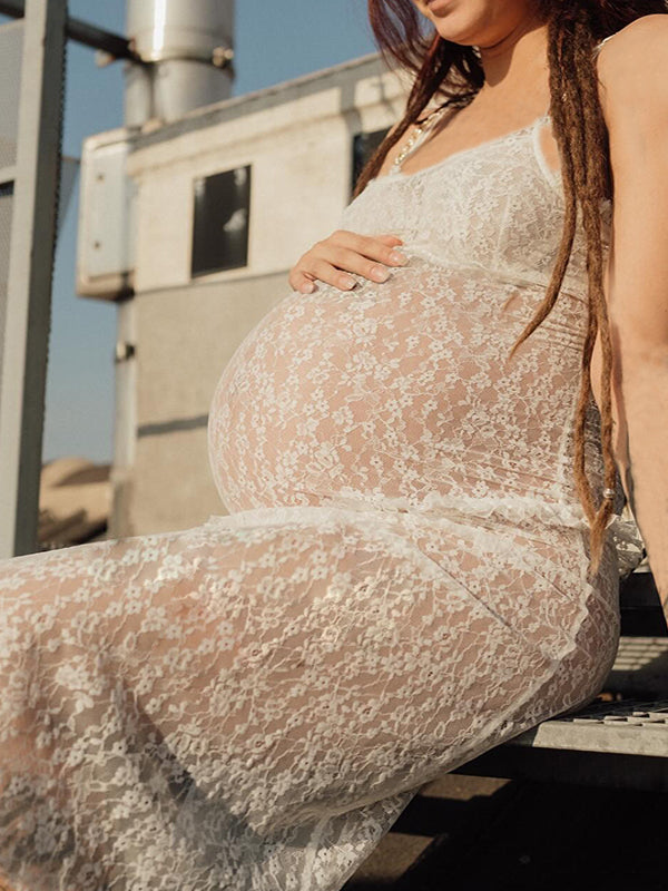 Momyknows White Lace Spaghetti Strap Mermaid Maternity Maxi Dress