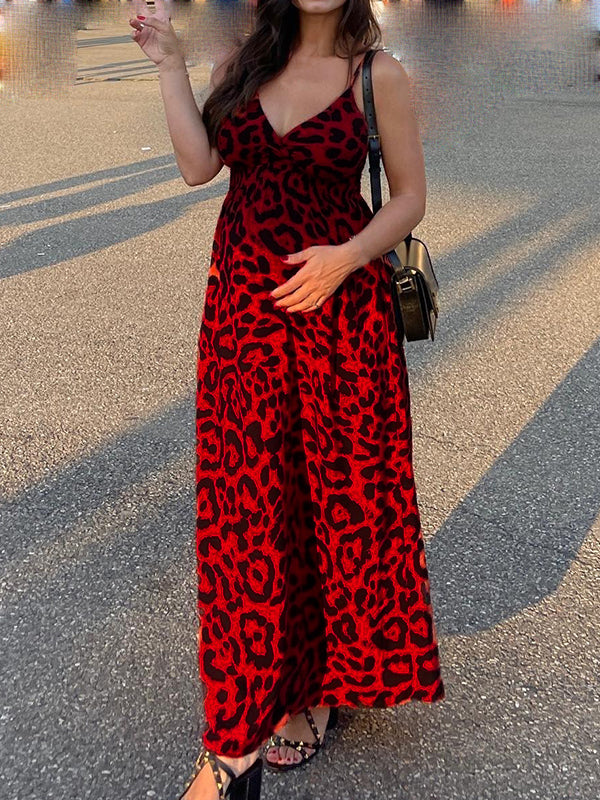 Momyknows V-neck Leopard Spaghetti Strap Maternity Maxi Dress