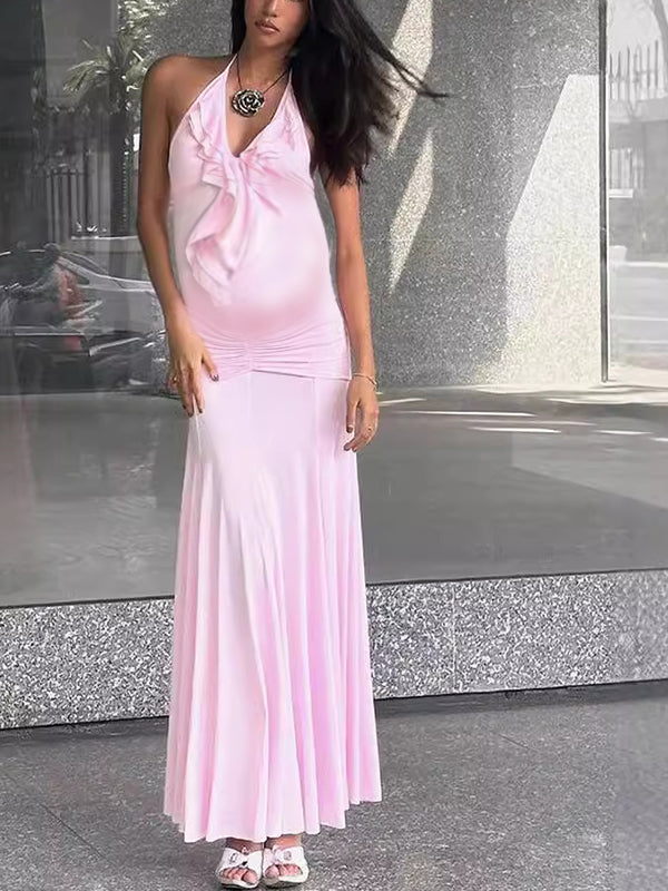 Momyknows Pink  V-neck Lace-up Ruffle Solid Color Maternity Maxi Dress