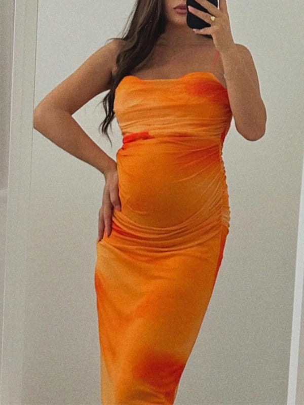 Momyknows Orange Ruched Hit Color Cami Bodycon Party Maternity Maxi Dress