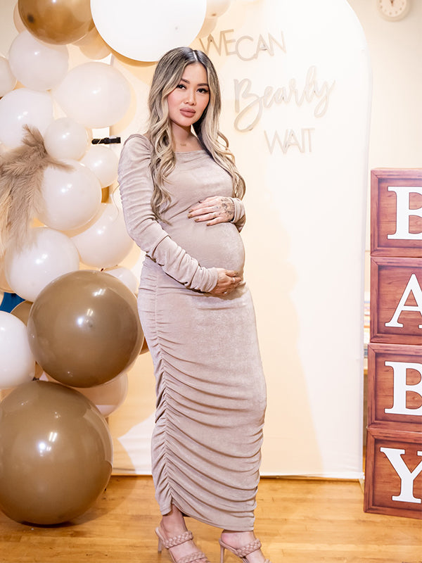 Momyknows Solid Color Cascading Ruffle U-Neck Long Sleeve Bodycon Elegant Going Out Gowns Cute Bandage Baby Shower Maternity Maxi Dress