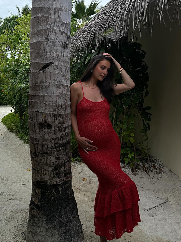 Momyknows Red Crochet Hollow Out Ruffle Falbala Frill Hem Cami Bodycon Elegant Baby Moon Beach Maternity Photoshoot Baby Shower Mini Dress