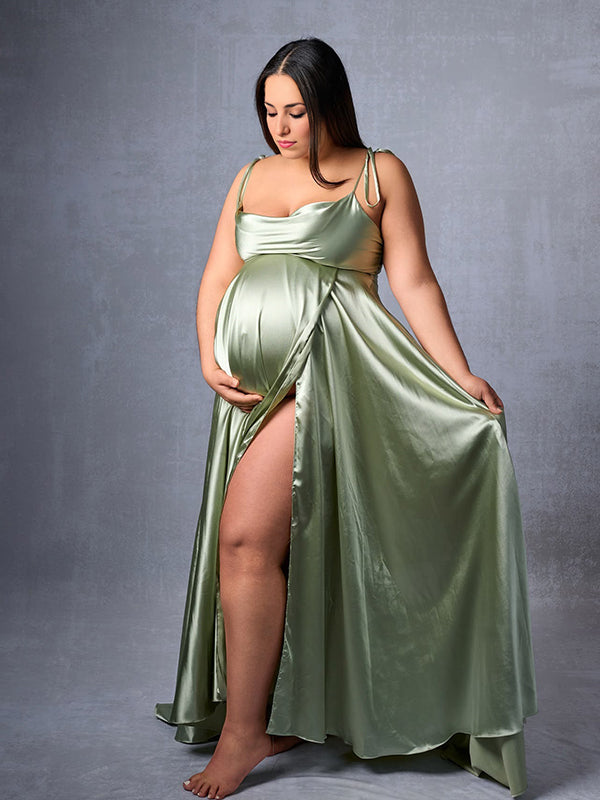 Momyknows Green Satin Side Slit Big Swing Tie Shoulder Strap Cami Elegant Cocktail Eevning Gown Maternity Photoshoot Baby Shower Maxi Dress